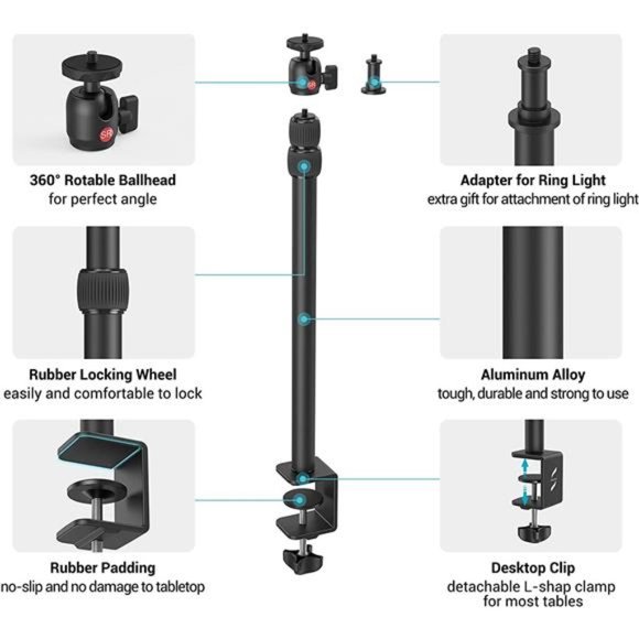 Camera Desk Mount Table Stand 13"-35" w/ 1/4" Ball Head, Adjustable Light Stand - Picture 7 of 7